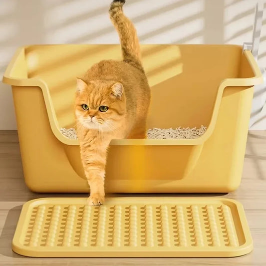 Semi-Open Cat Litter Box Non-Stick Surface with Anti-Track Mat Tray Pet Toilet with Removable Easy Clean Hood for Small Spaces
