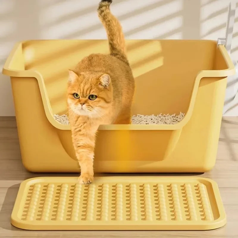Semi-Open Cat Litter Box Non-Stick Surface with  Anti-Track Mat Tray Pet Toilet with Removable Easy Clean Hood for Small Spaces