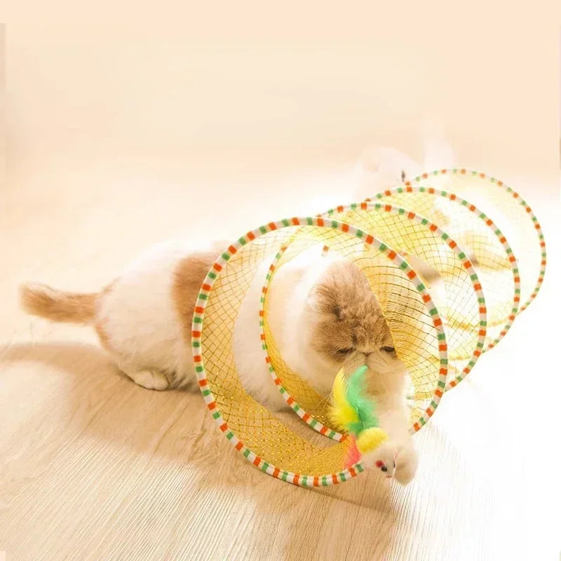 Cat Tunnel Spring Toy Foldable Interactive Cats Tube Tunnel with Feather Mouse Toys Pet Kitten Cat Toy
