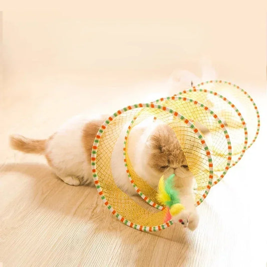 Cat Tunnel Spring Toy Foldable Interactive Cats Tube Tunnel with Feather Mouse Toys Pet Kitten Cat Toy