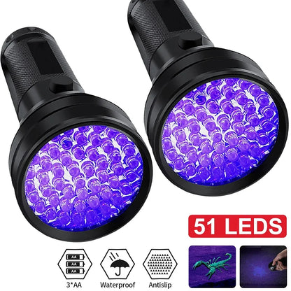 395nm UV Flashlight Black Light Waterproof 51 LED Flashlight Set with AA Battery for Home & Hotel Inspection Pet Urine Detector