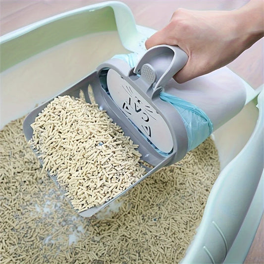 PPmaterial cat litter scoop with integrated garbage bag dispenser, suitable for all cat breeds - pet litter box maintenance tool