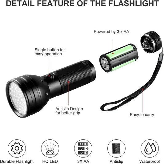 395nm UV Flashlight Black Light Waterproof 51 LED Flashlight Set with AA Battery for Home & Hotel Inspection Pet Urine Detector